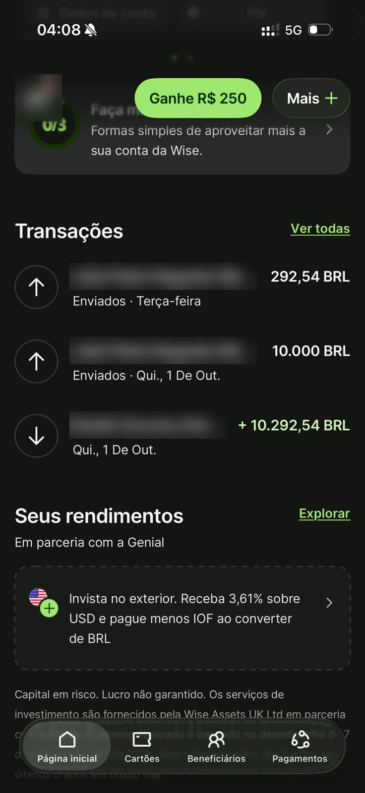 Extrato da Wise com recebimento de cliente dos EUA